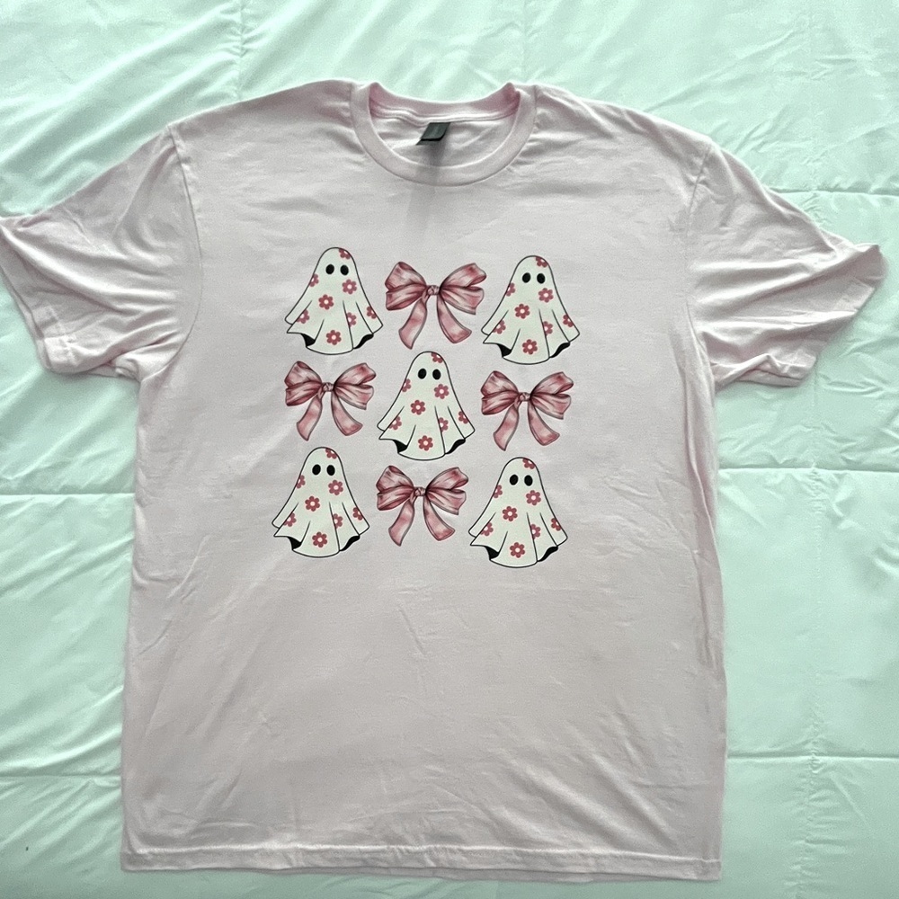Coquette Pink Ghost and Bow T-Shirt. Size Large